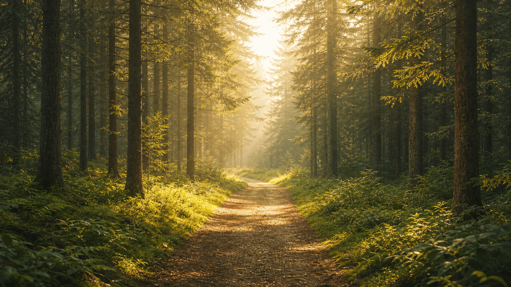 A golden sunlit path winding through a quiet forest.