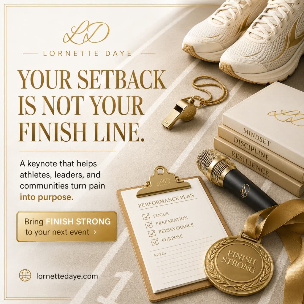Your Setback Is Not Your Finish Line artwork featuring running shoes, a whistle, microphone, medal, and performance plan.