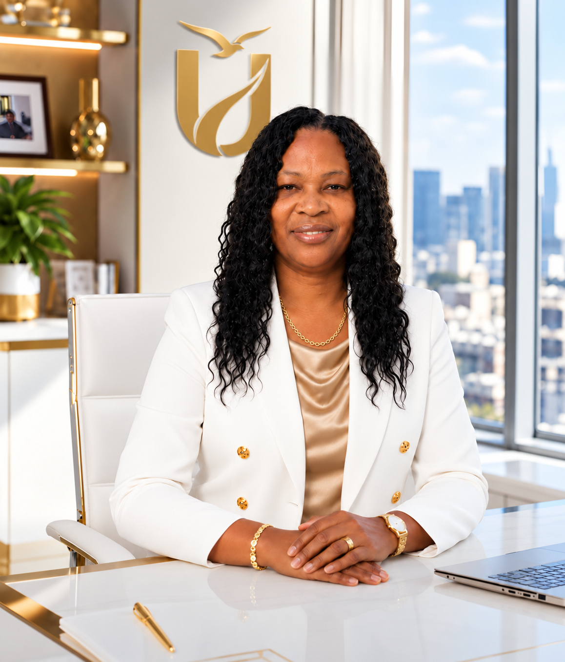Lornette Daye seated at an executive desk in a white blazer with the UMattr crest behind her.