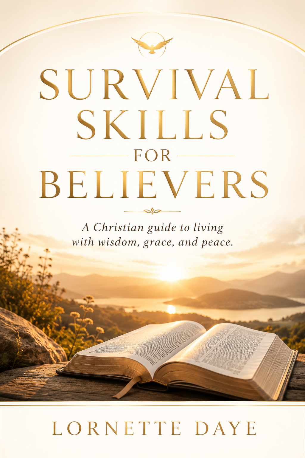 Survival Skills for Believers book cover — open Bible in a scenic landscape at sunrise.