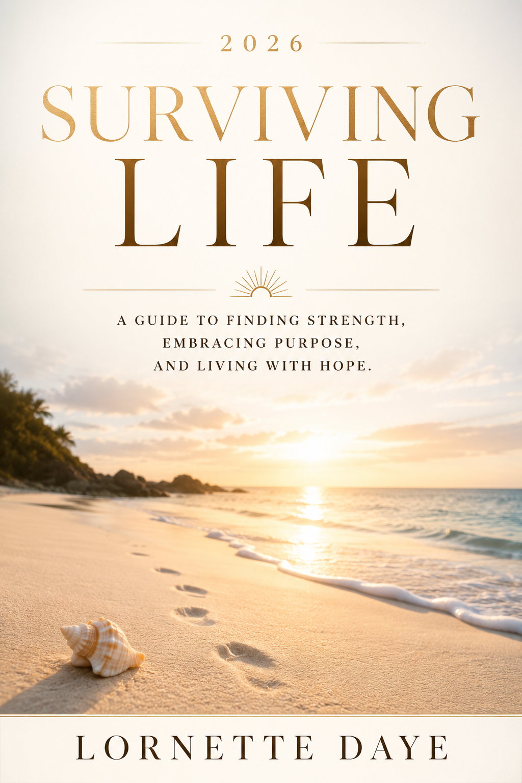 Surviving Life 2026 book cover — beach at sunrise with footprints in the sand.