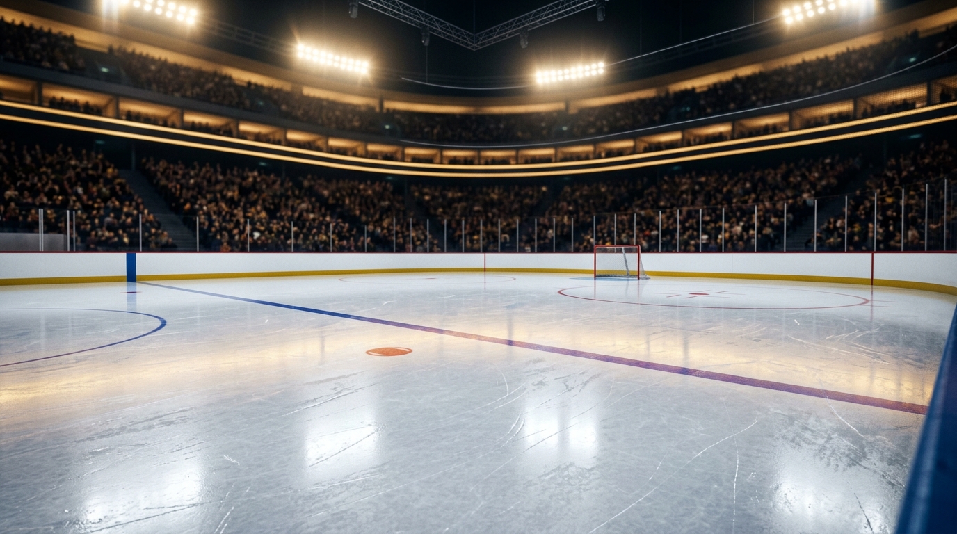 Championship hockey arena ice rink under gleaming golden stadium lights