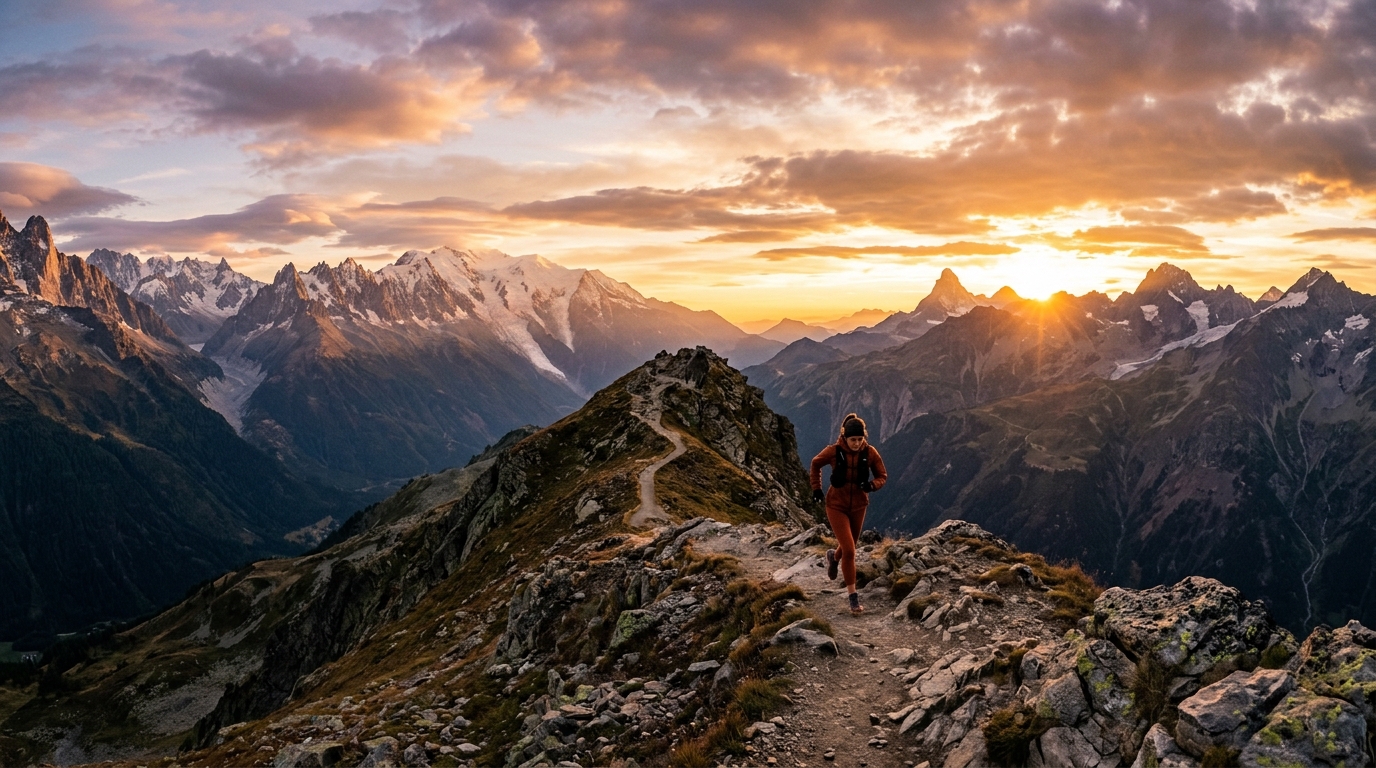High-altitude mountain ridgeline athletic training trail at golden hour