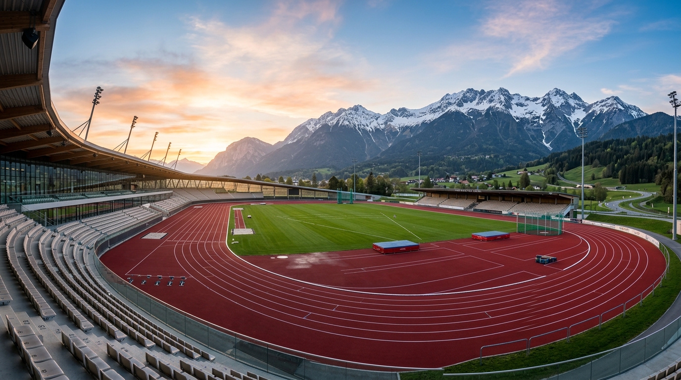 Athletics stadium overlooking majestic alpine mountain range