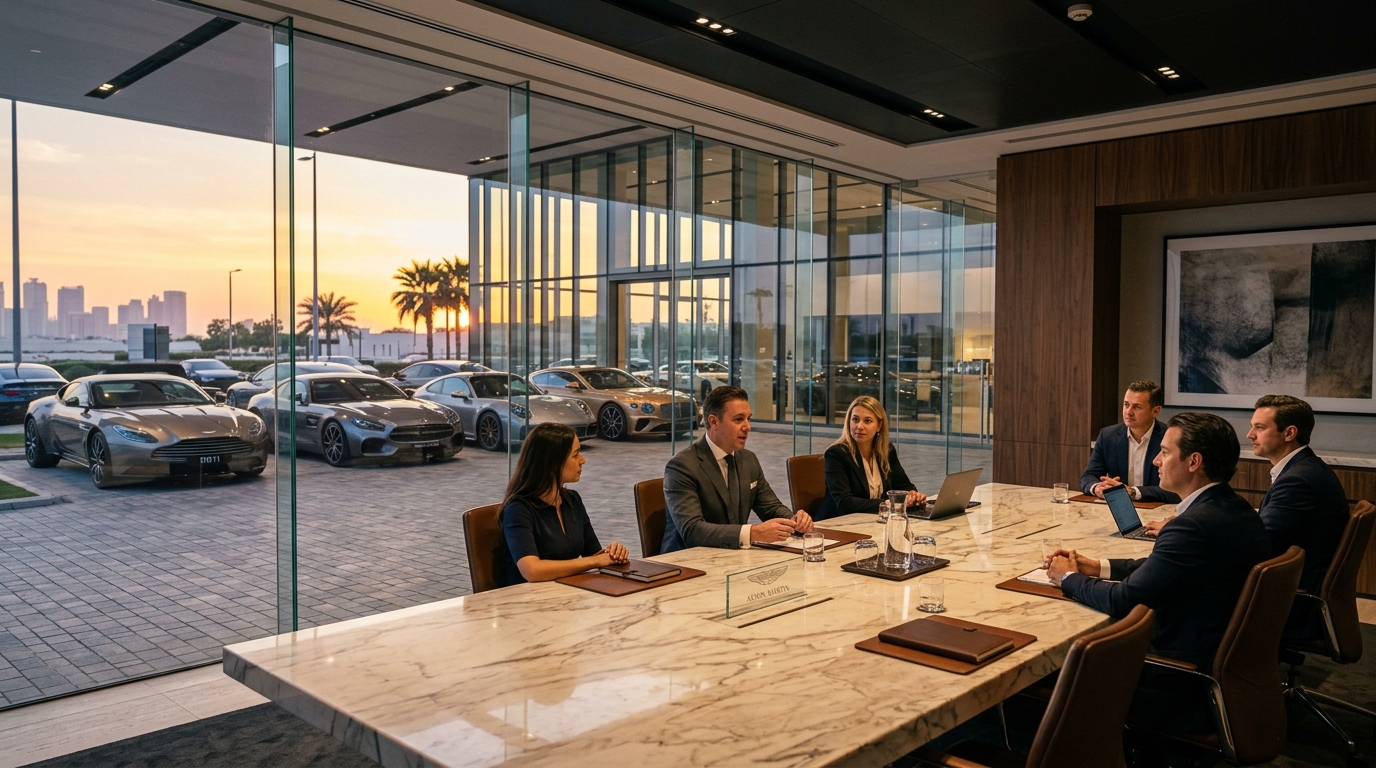 Dealership executive boardroom overlooking luxury vehicle lot at sunset