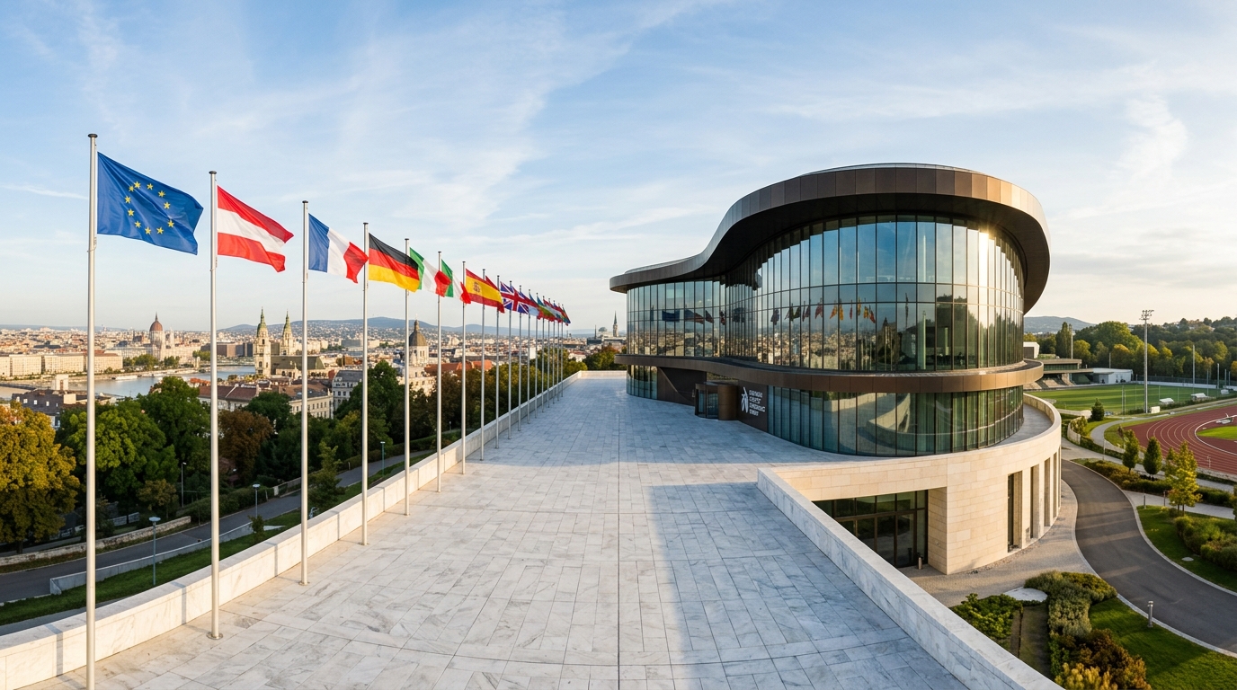 Modern European athletic governance summit pavilion terrace with continental flags overlooking European capital city