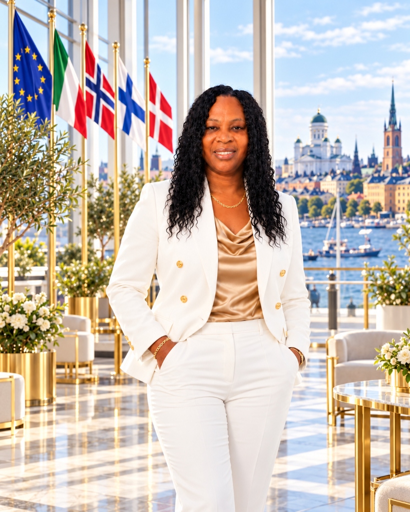 Lornette Daye in white suit standing with hands in pockets in front of European flags and Nordic waterfront skyline