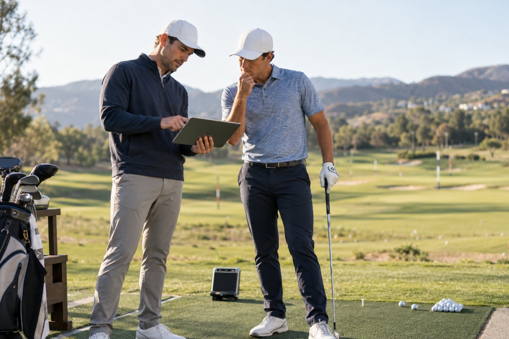 Golf coach and competitive player analyzing swing data on a tablet at the outdoor practice range with launch monitor