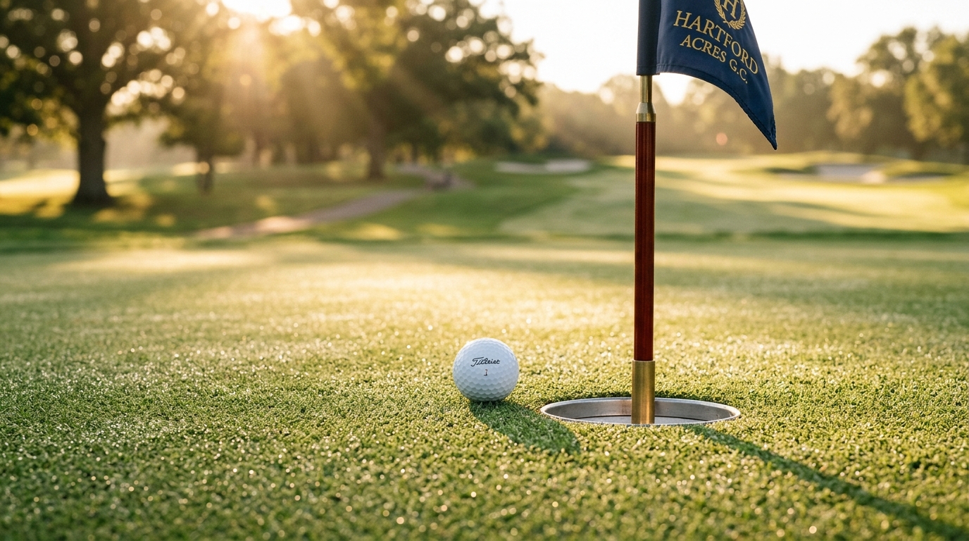 Morning dew on championship putting green with golf ball and cup in golden sunrise