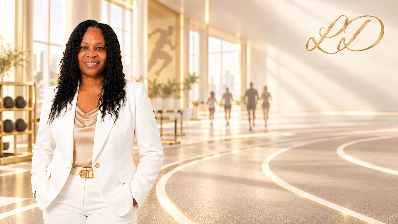 Lornette Daye in white tailored suit standing before curved running track lanes with athletes training in a modern sports facility