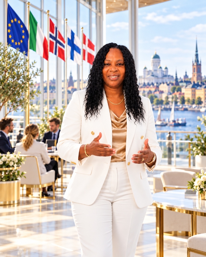 Lornette Daye speaking at European summit with international flags
