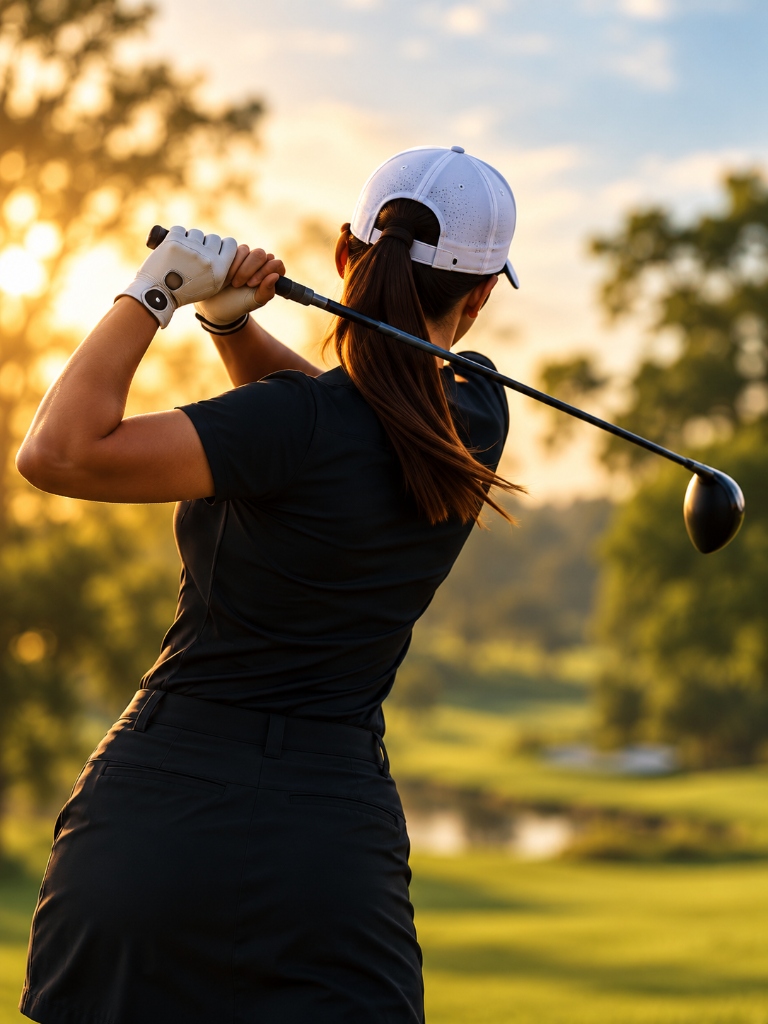 Competitive golfer swing follow-through at golden sunset