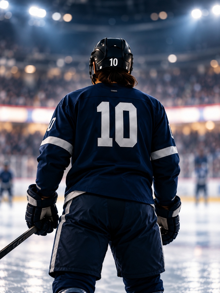 Elite hockey player jersey #10 standing in packed arena lights