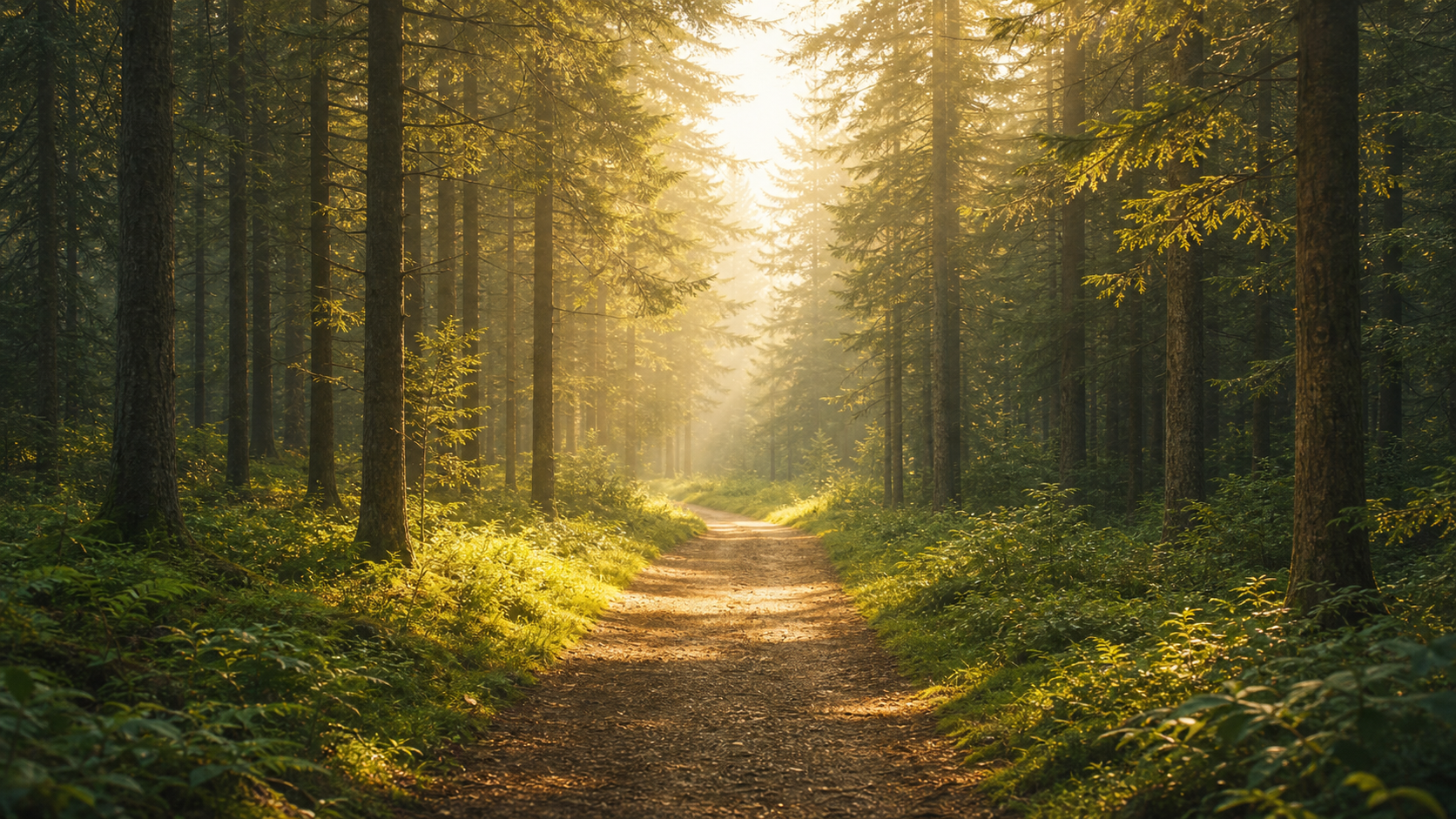 A golden sunlit path winding through a quiet forest.