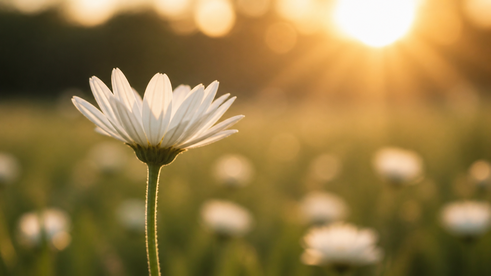 A white flower glowing in warm sunlight in a peaceful meadow.