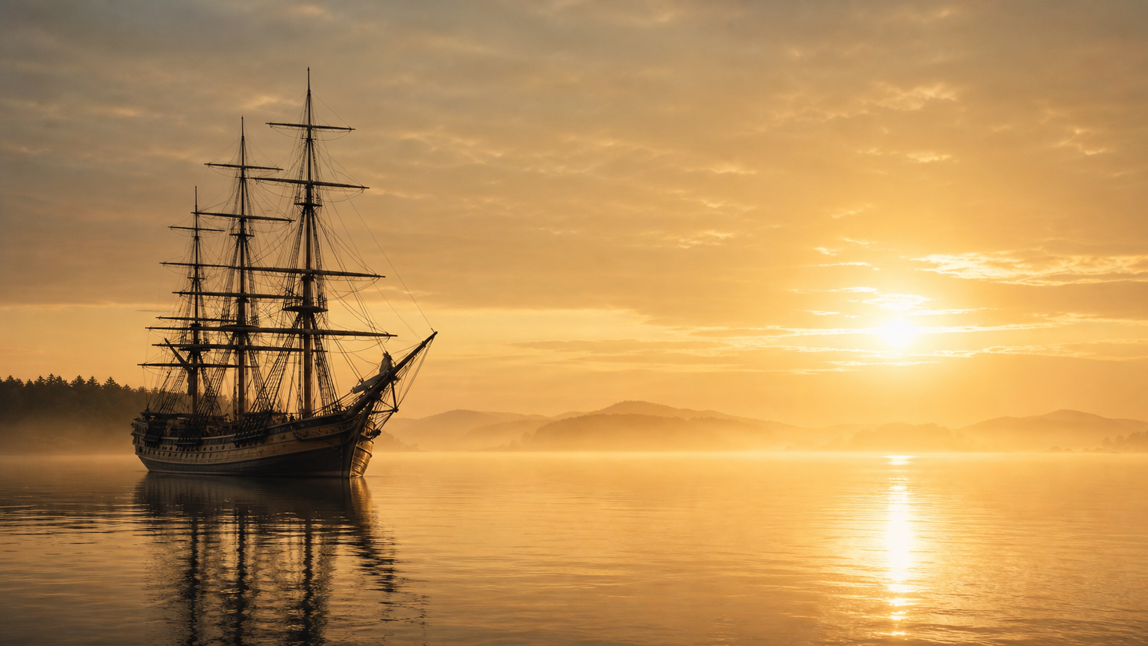 A vintage sailing ship on calm golden water at sunrise.
