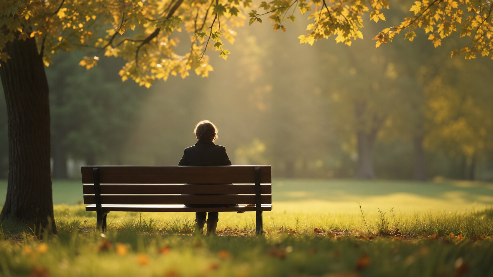 A quiet bench in a golden park with a contemplative figure seated alone.