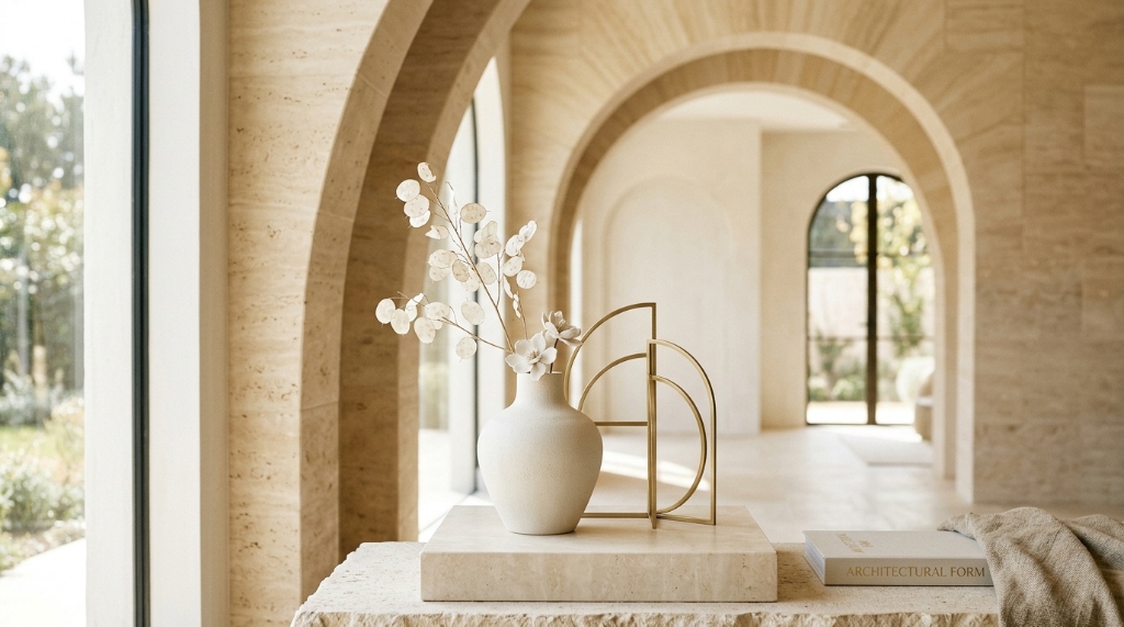 A Place of Peace - Travertine architectural alcove with delicate botanical vase and sculptural form