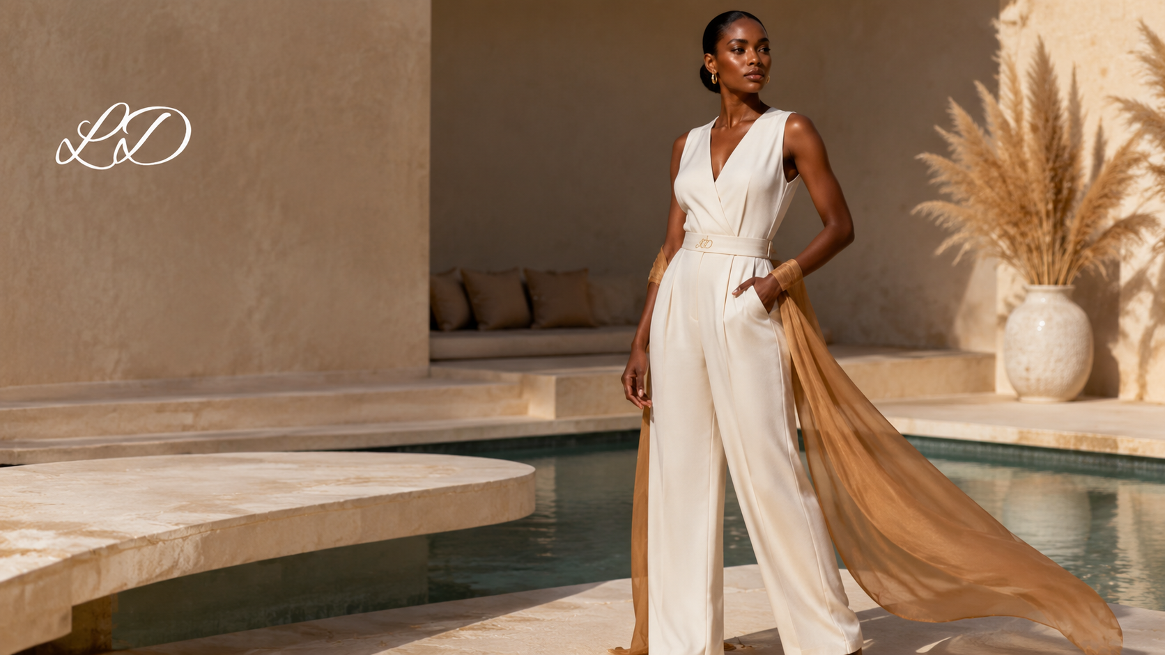 Tailored Ivory Jumpsuit with Organza Cape